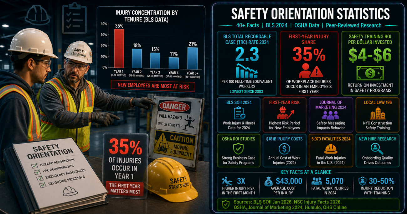 Safety orientation impact on injury rates infographic showing 35% of workplace injuries occur in an employee's first year, BLS 2024 total recordable case rate of 2.3 per 100 FTE workers (lowest since 2003), 5,070 fatal work injuries in 2024, three-times higher first-month injury risk, and $4-$6 return per dollar invested in safety training programs.