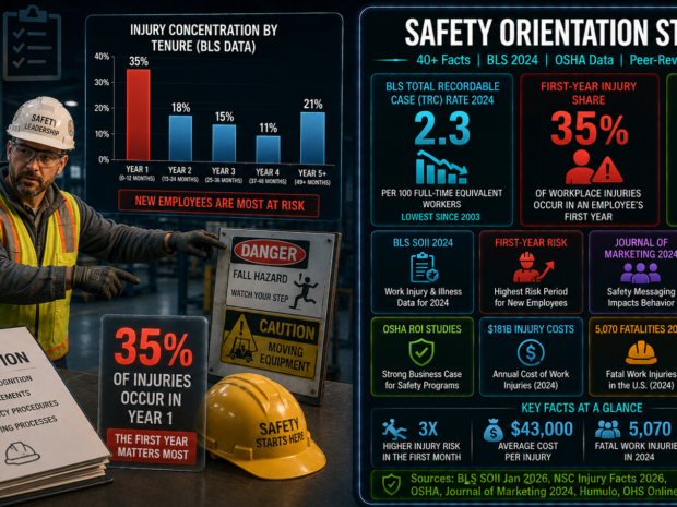Safety orientation impact on injury rates infographic showing 35% of workplace injuries occur in an employee's first year, BLS 2024 total recordable case rate of 2.3 per 100 FTE workers (lowest since 2003), 5,070 fatal work injuries in 2024, three-times higher first-month injury risk, and $4-$6 return per dollar invested in safety training programs.