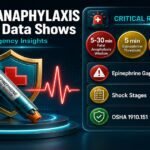 Shock and anaphylaxis workplace insights infographic showing fatal anaphylaxis response windows, epinephrine access gaps, hypovolemic shock stages, and OSHA first aid obligations
