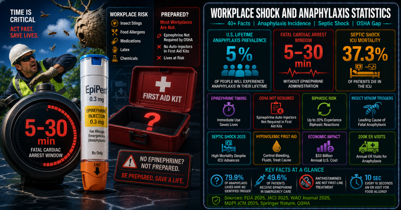 Workplace shock and anaphylaxis statistics infographic showing 5% U.S. lifetime anaphylaxis prevalence, 5 to 30 minute cardiac arrest window requiring immediate epinephrine, 37.3% ICU mortality for septic shock, OSHA not requiring epinephrine autoinjectors in standard first aid kits, and biphasic anaphylaxis risk requiring mandatory emergency transport even after apparent recovery.