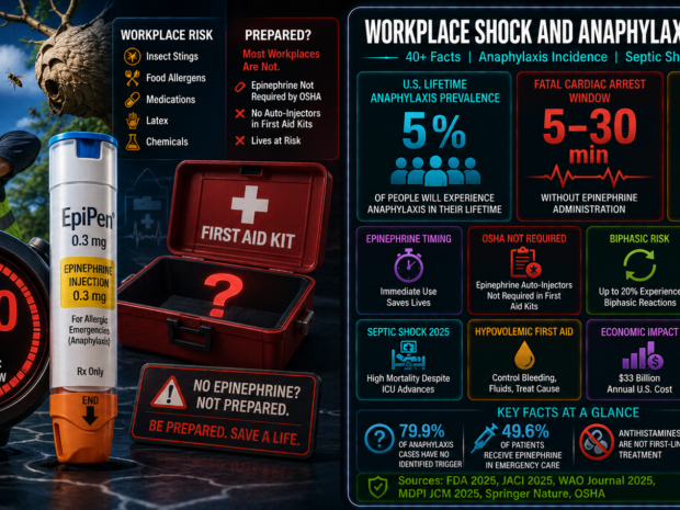 Workplace shock and anaphylaxis statistics infographic showing 5% U.S. lifetime anaphylaxis prevalence, 5 to 30 minute cardiac arrest window requiring immediate epinephrine, 37.3% ICU mortality for septic shock, OSHA not requiring epinephrine autoinjectors in standard first aid kits, and biphasic anaphylaxis risk requiring mandatory emergency transport even after apparent recovery.