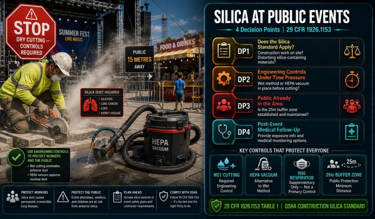 Silica exposure at public events situational guide covering four decision points on regulatory applicability, engineering controls, public buffer zones and post-event medical follow-up under OSHA 29 CFR 1926.1153
