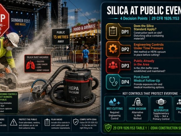 Silica exposure at public events situational guide covering four decision points on regulatory applicability, engineering controls, public buffer zones and post-event medical follow-up under OSHA 29 CFR 1926.1153
