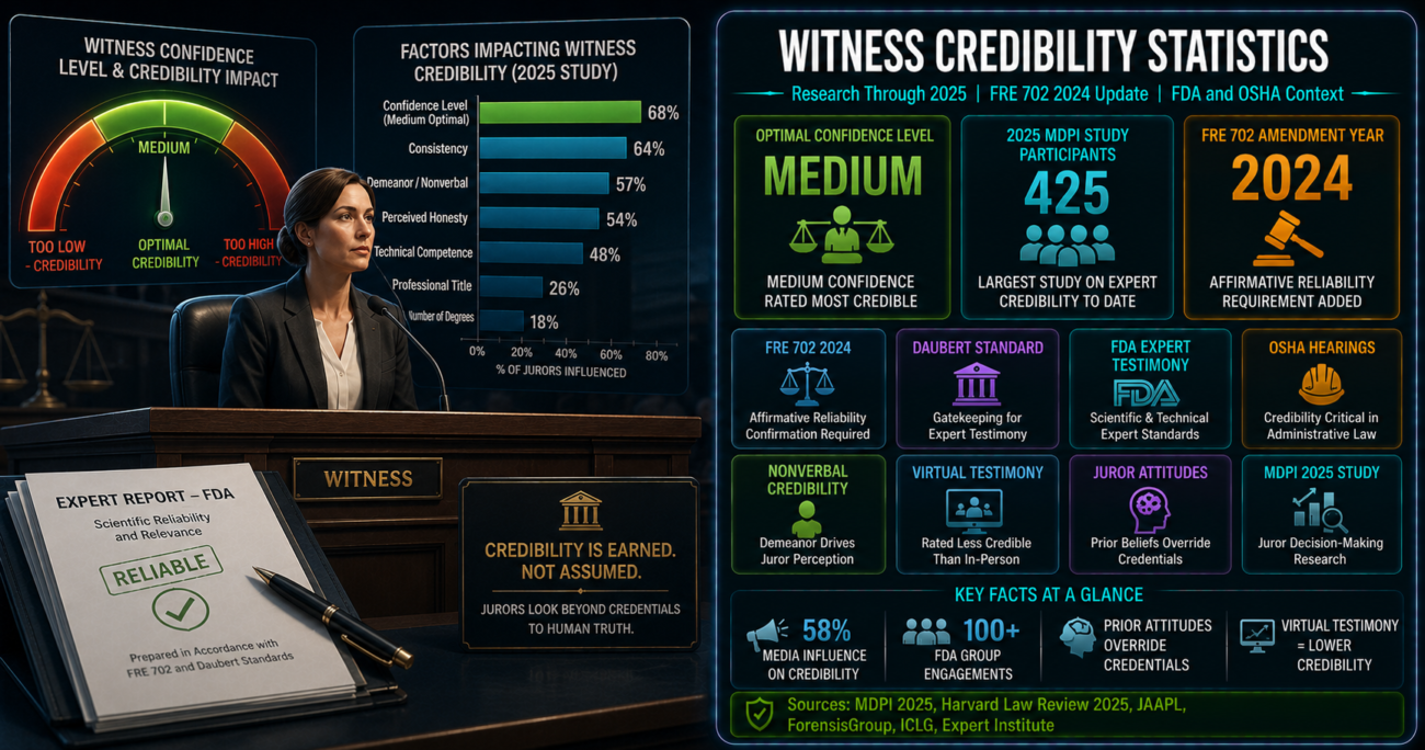 Witness credibility in regulatory trials infographic showing optimal medium confidence levels for juror credibility ratings, 2024 Federal Rule of Evidence 702 amendment requiring affirmative reliability confirmation, 2025 MDPI research on juror attitudes overriding expert credentials, and FDA and OSHA expert witness practice standards.