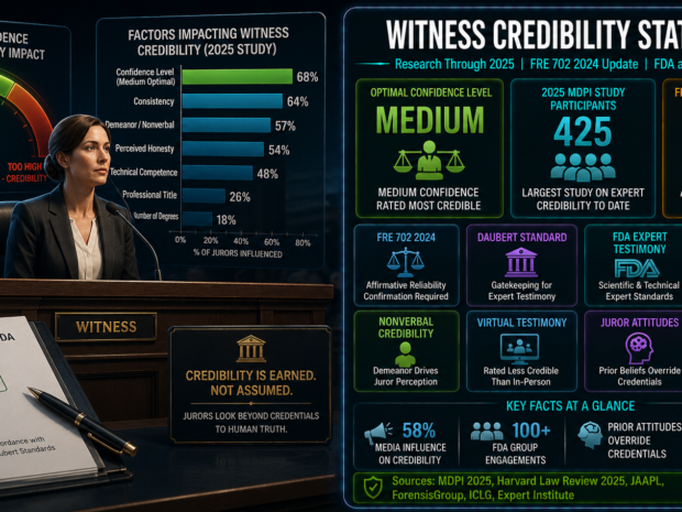 Witness credibility in regulatory trials infographic showing optimal medium confidence levels for juror credibility ratings, 2024 Federal Rule of Evidence 702 amendment requiring affirmative reliability confirmation, 2025 MDPI research on juror attitudes overriding expert credentials, and FDA and OSHA expert witness practice standards.