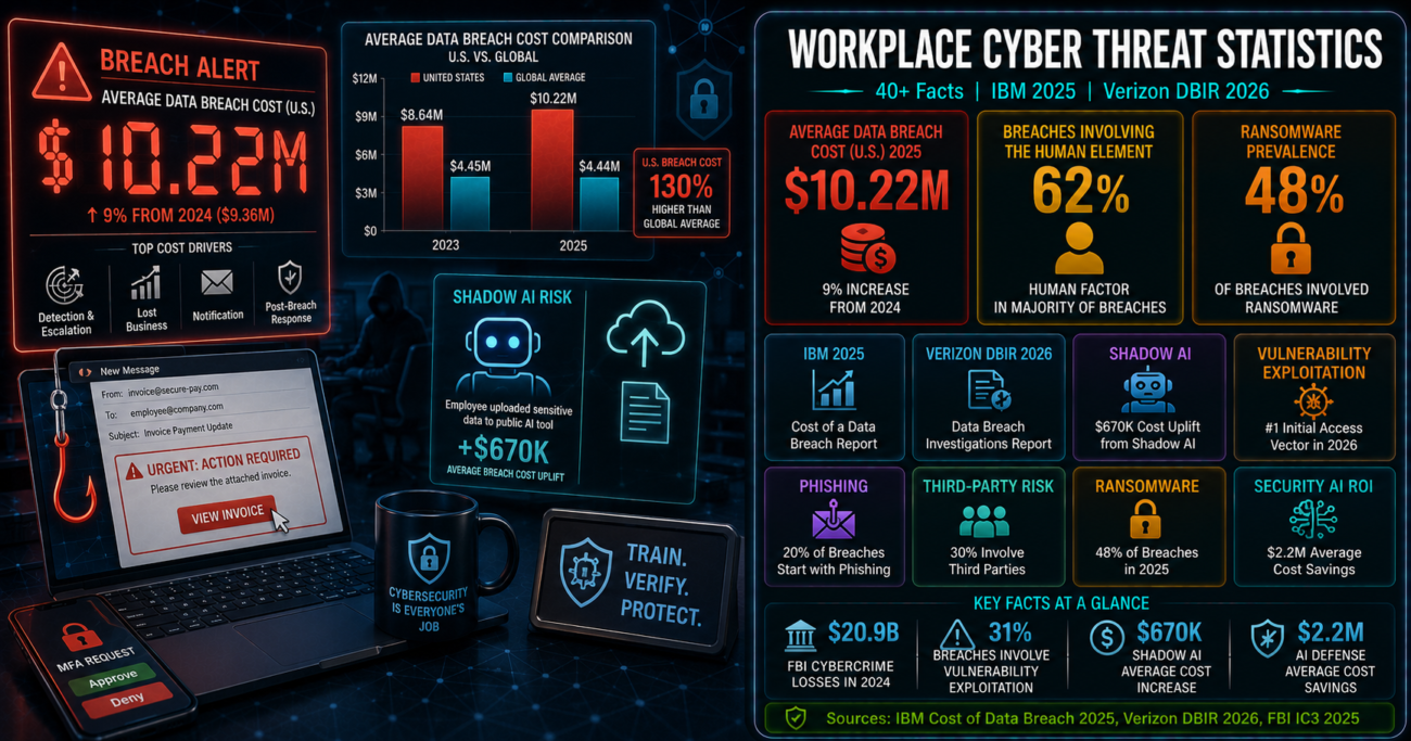 Workplace cyber threat statistics infographic showing $10.22M average U.S. data breach cost (IBM 2025), 62% human element involvement (Verizon DBIR 2026), 48% ransomware prevalence, $670,000 shadow AI breach cost increase, and vulnerability exploitation overtaking credential abuse as the #1 initial access vector.