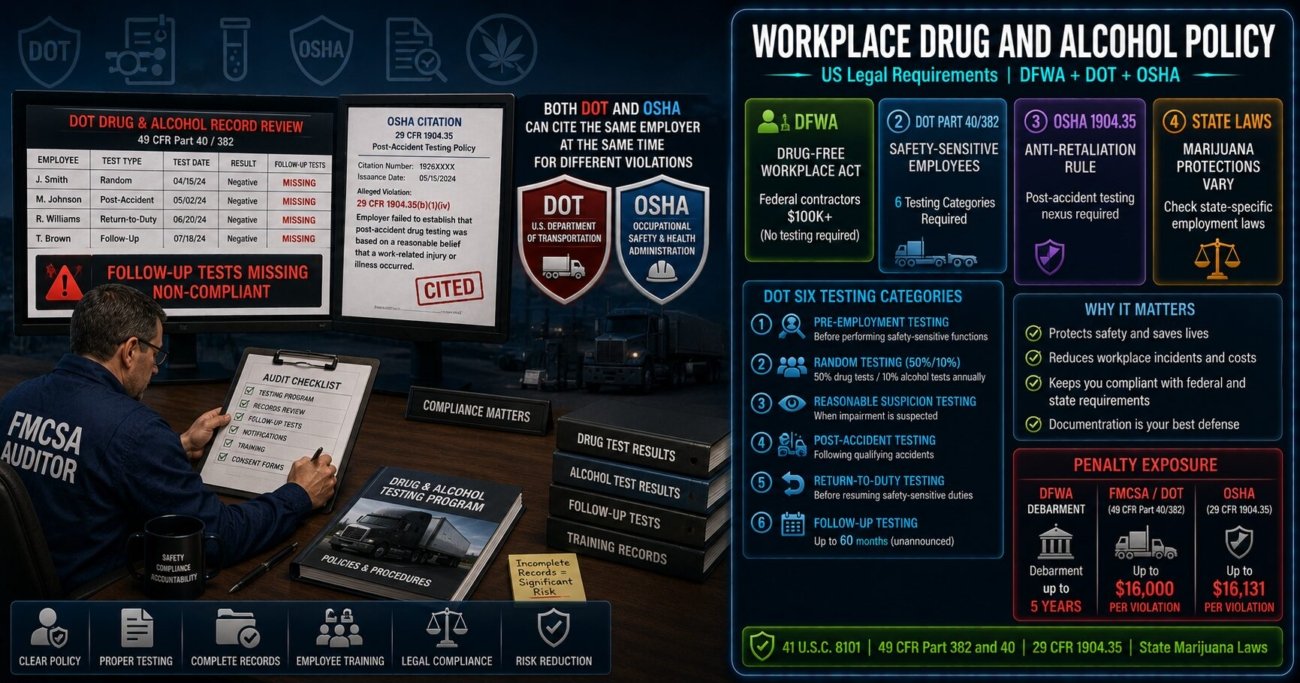 Workplace drug and alcohol policy US legal requirements covering Drug-Free Workplace Act obligations, DOT six testing categories including 50 percent random drug testing rate, OSHA anti-retaliation rule on post-accident testing nexus, state marijuana employment protections and penalty exposure