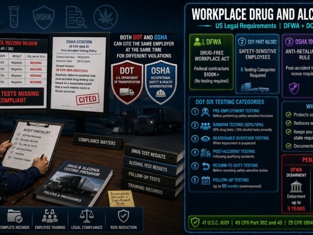 Workplace drug and alcohol policy US legal requirements covering Drug-Free Workplace Act obligations, DOT six testing categories including 50 percent random drug testing rate, OSHA anti-retaliation rule on post-accident testing nexus, state marijuana employment protections and penalty exposure