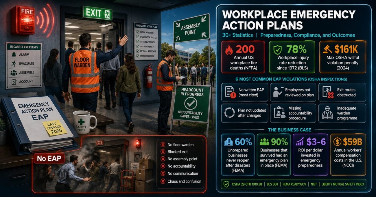 Workplace emergency action plan statistics showing 200 annual fire deaths, 78 percent workplace injury rate reduction since 1972, OSHA 29 CFR 1910.38 requirements, 60 percent of unprepared businesses never reopen after disasters, drill frequency effectiveness data and most common EAP compliance violations