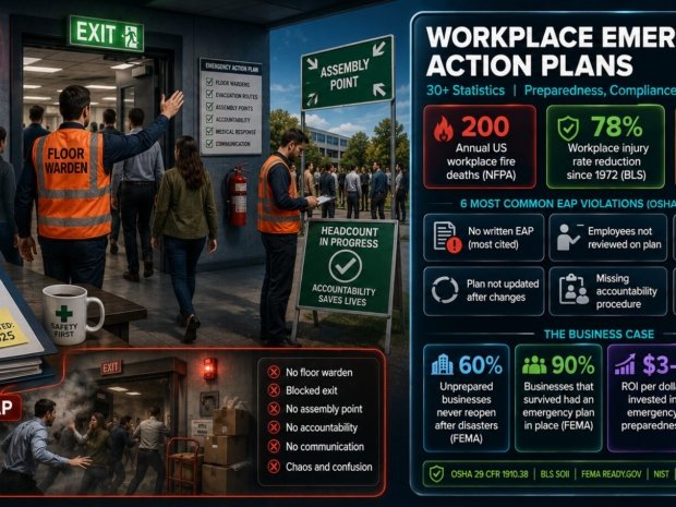 Workplace emergency action plan statistics showing 200 annual fire deaths, 78 percent workplace injury rate reduction since 1972, OSHA 29 CFR 1910.38 requirements, 60 percent of unprepared businesses never reopen after disasters, drill frequency effectiveness data and most common EAP compliance violations