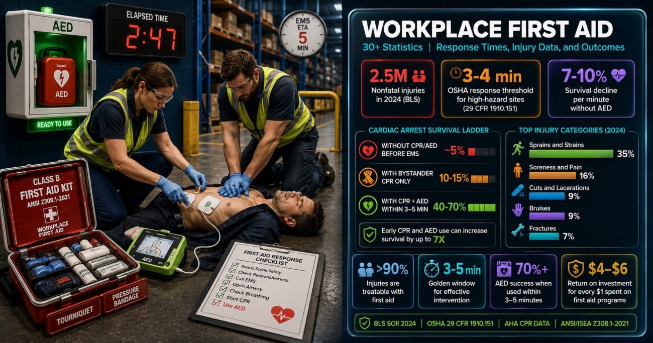 Workplace first aid statistics from BLS 2024 showing 2.5 million nonfatal injuries, OSHA 3-4 minute response threshold, cardiac arrest survival declining 7-10 percent per minute without defibrillation, AED effectiveness data showing 40-70 percent survival when used within minutes, and injury category breakdown
