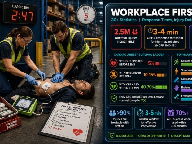 Workplace first aid statistics from BLS 2024 showing 2.5 million nonfatal injuries, OSHA 3-4 minute response threshold, cardiac arrest survival declining 7-10 percent per minute without defibrillation, AED effectiveness data showing 40-70 percent survival when used within minutes, and injury category breakdown