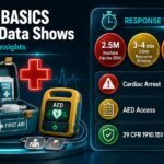 Workplace first aid basics infographic showing 2024 injury statistics, OSHA response time requirements, cardiac arrest survival data, and AED defibrillation standards under 29 CFR 1910.151