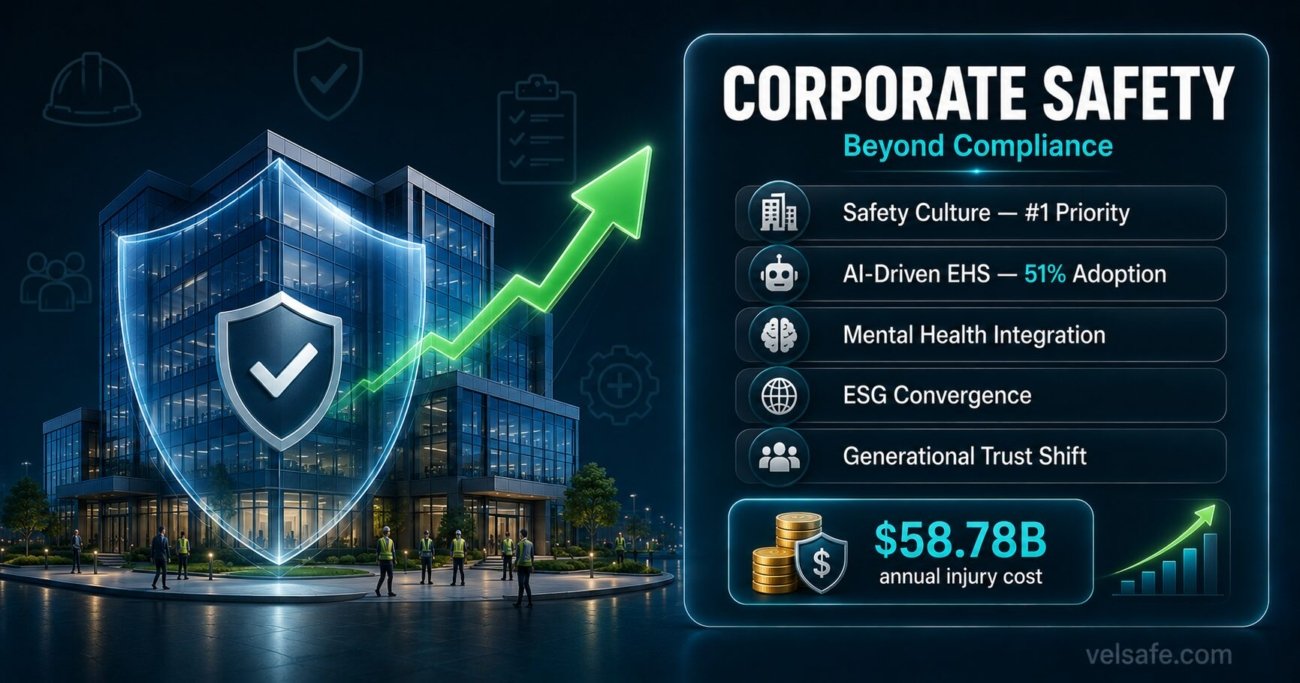 Corporate workplace safety trends 2026 showing safety culture priorities, AI adoption, and annual injury cost statistics