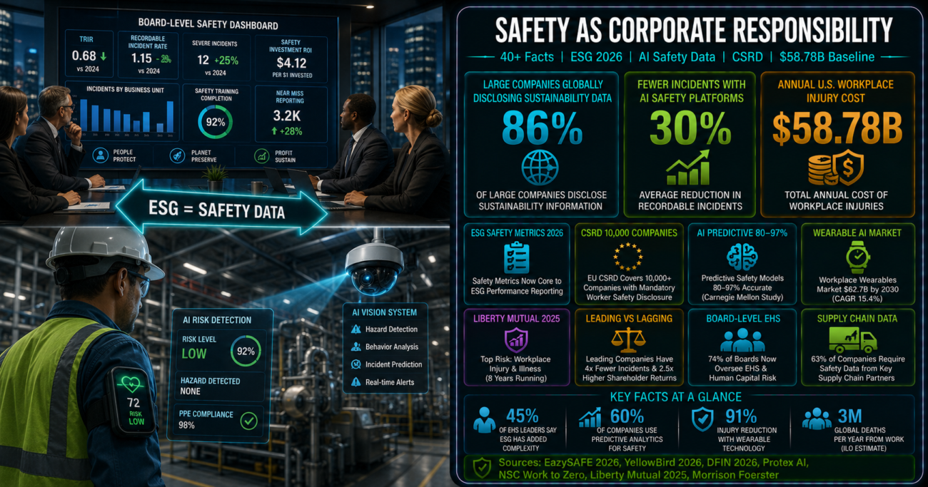 Workplace safety corporate responsibility statistics infographic showing 86% of large companies globally disclosing sustainability information, 30% fewer incidents with AI safety platforms, $58.78 billion annual U.S. workplace injury costs, EU CSRD covering 10,000 companies with mandatory worker safety disclosure, and 80-97% accuracy of predictive safety models from the Carnegie Mellon University collaboration.