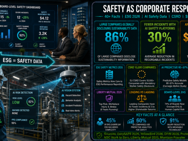 Workplace safety corporate responsibility statistics infographic showing 86% of large companies globally disclosing sustainability information, 30% fewer incidents with AI safety platforms, $58.78 billion annual U.S. workplace injury costs, EU CSRD covering 10,000 companies with mandatory worker safety disclosure, and 80-97% accuracy of predictive safety models from the Carnegie Mellon University collaboration.
