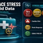 Workplace stress and first aid data infographic showing burnout rates, annual business costs, stress-related deaths, and OSHA first aid obligations for stress-induced medical emergencies