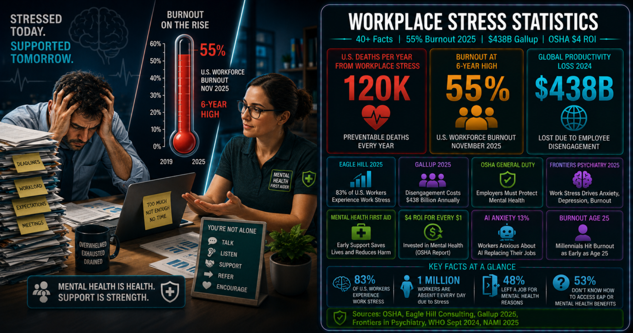 Workplace stress and mental health first aid statistics infographic showing 120,000 U.S. deaths annually from workplace stress, 55% U.S. workforce burnout at a six-year high in November 2025, $438 billion global productivity loss from disengagement in 2024, OSHA's $4 return per $1 mental health investment, and 53% of employees unaware of how to access employer mental health benefits.