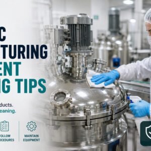 Technician cleaning cosmetic manufacturing equipment in a GMP-compliant facility