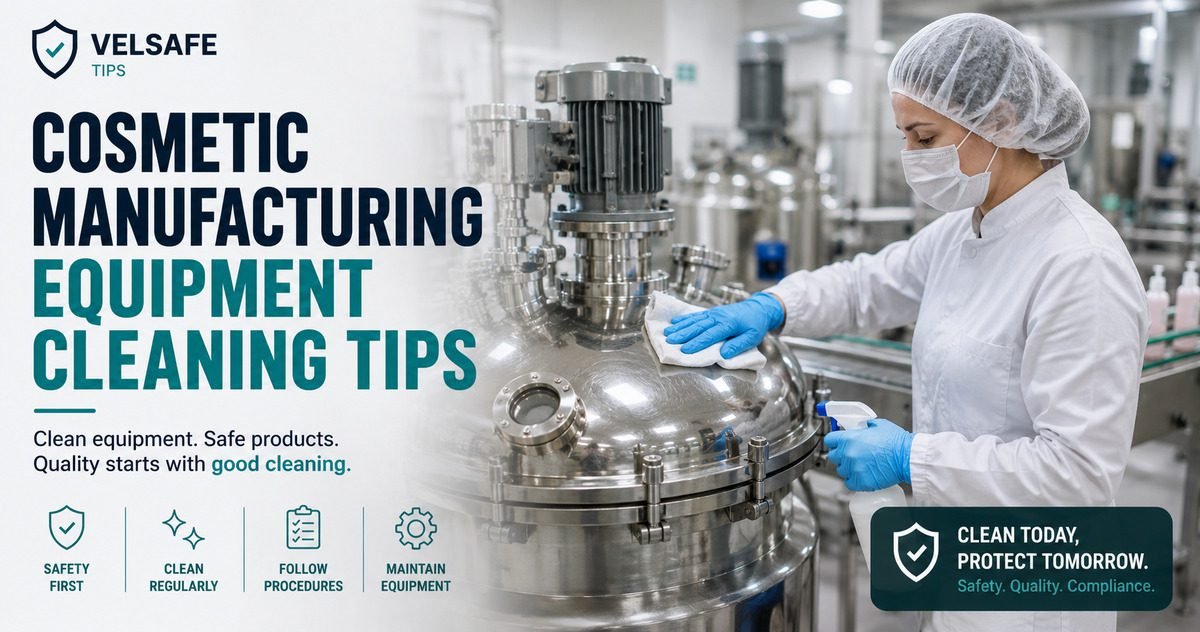 Technician cleaning cosmetic manufacturing equipment in a GMP-compliant facility