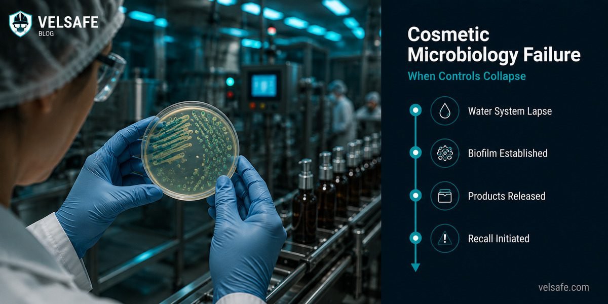 Gloved lab technician holding Pseudomonas culture plate in a cosmetics manufacturing facility with recall timeline overlay