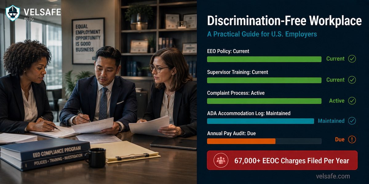 HR professionals at conference table reviewing EEO compliance documentation with EEOC charge statistics and discrimination prevention programme status dashboard