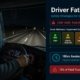 Fatigued truck driver at wheel on dark highway at night with alertness risk dashboard showing 2AM-6AM peak fatigue window and 18-hour wakefulness impairment level
