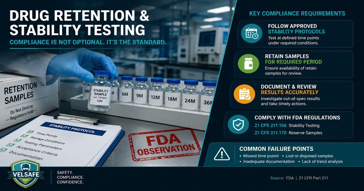 Drug retention and stability testing situational article featured image showing a laboratory technician handling stability sample vials at a lab bench beside a Retention Samples box and a Stability Protocol clipboard with an FDA Observation stamp, with a key compliance requirements panel on the right.
