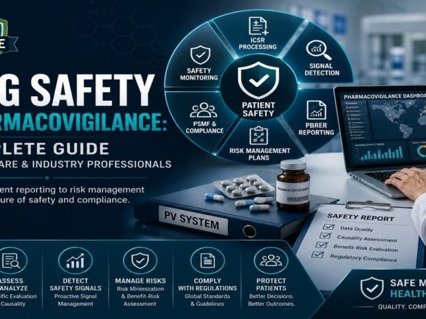 Drug safety and pharmacovigilance complete guide featured image showing a pharmacovigilance professional at a laptop with a PV dashboard, PV System binder, pharmacovigilance medicine, and a safety report checklist covering data quality, causality assessment, benefit-risk evaluation, and regulatory compliance, with a pharmacovigilance wheel diagram covering ICSR processing, signal detection, PBRER reporting, and risk management plans.