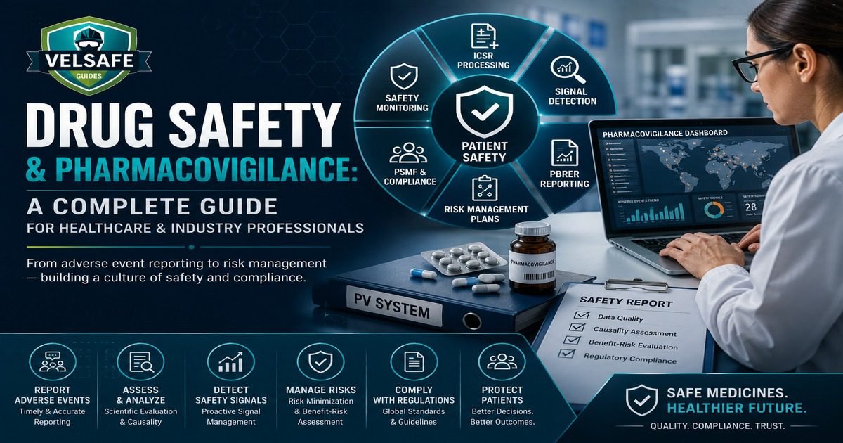 Drug safety and pharmacovigilance complete guide featured image showing a pharmacovigilance professional at a laptop with a PV dashboard, PV System binder, pharmacovigilance medicine, and a safety report checklist covering data quality, causality assessment, benefit-risk evaluation, and regulatory compliance, with a pharmacovigilance wheel diagram covering ICSR processing, signal detection, PBRER reporting, and risk management plans.
