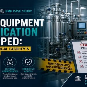 Equipment qualification failure GMP case study featured image showing a pharmaceutical worker in cleanroom PPE at a production reactor with a FDA 483 Observations clipboard citing inadequate qualification, missing IQ/OQ/PQ documentation, no process validation evidence, and data integrity concerns, with a Non-Compliance Has Consequences warning barrier.