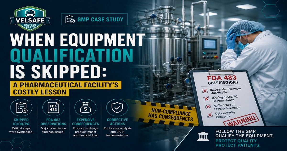 Equipment qualification failure GMP case study featured image showing a pharmaceutical worker in cleanroom PPE at a production reactor with a FDA 483 Observations clipboard citing inadequate qualification, missing IQ/OQ/PQ documentation, no process validation evidence, and data integrity concerns, with a Non-Compliance Has Consequences warning barrier.