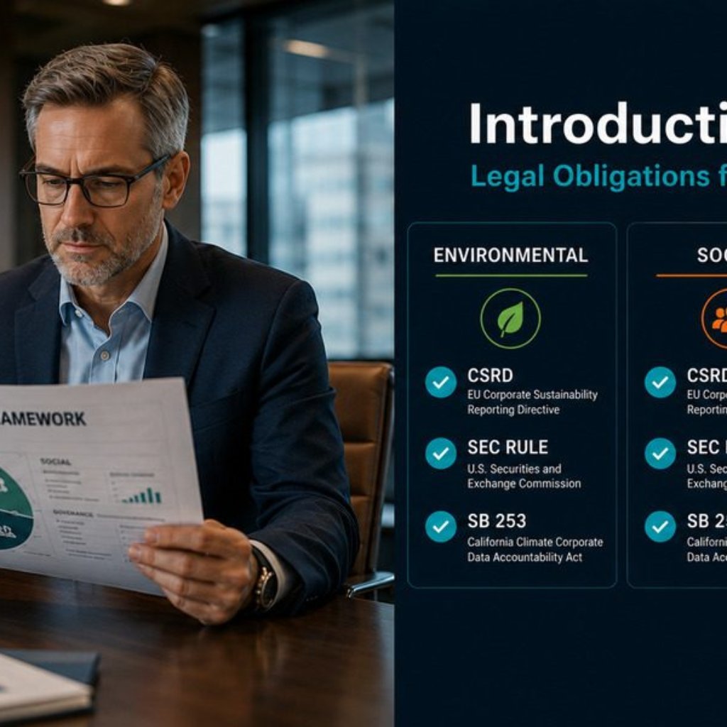 Business executive reviewing ESG legal compliance framework document with CSRD, SEC, and California regulatory dashboard overlay