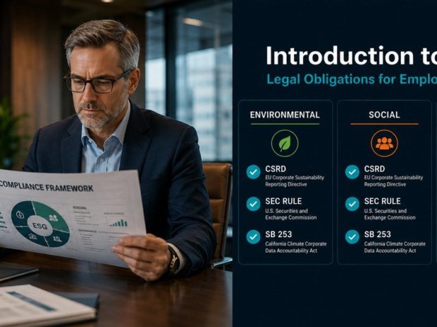 Business executive reviewing ESG legal compliance framework document with CSRD, SEC, and California regulatory dashboard overlay
