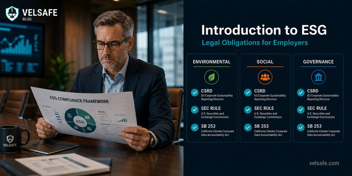 Business executive reviewing ESG legal compliance framework document with CSRD, SEC, and California regulatory dashboard overlay