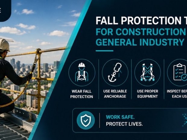 Construction worker in a full-body harness inspecting a guardrail on an elevated structure, demonstrating fall protection equipment and safe work practices