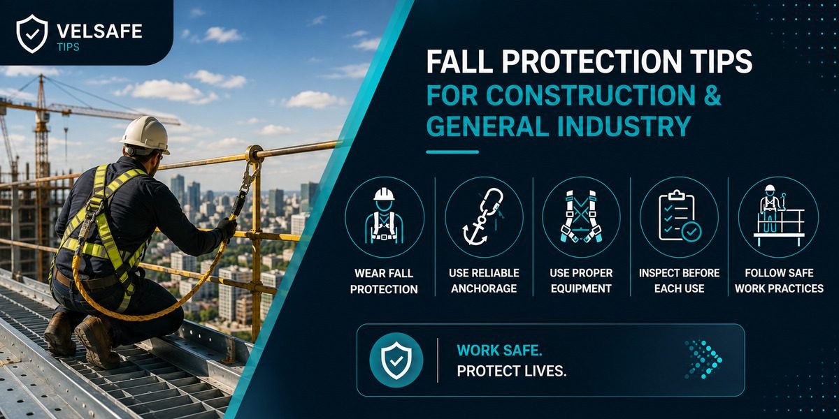 Construction worker in a full-body harness inspecting a guardrail on an elevated structure, demonstrating fall protection equipment and safe work practices