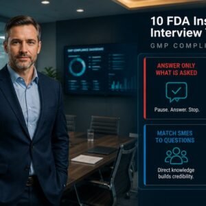 GMP compliance manager standing calmly in a pharmaceutical boardroom with FDA inspection interview technique tip cards overlaid
