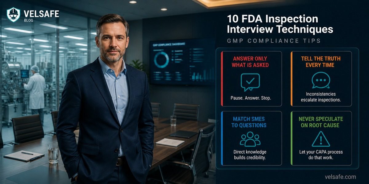 GMP compliance manager standing calmly in a pharmaceutical boardroom with FDA inspection interview technique tip cards overlaid