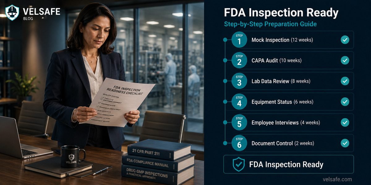 Quality director reviewing FDA inspection preparation checklist with six-step timeline showing mock inspection through document control