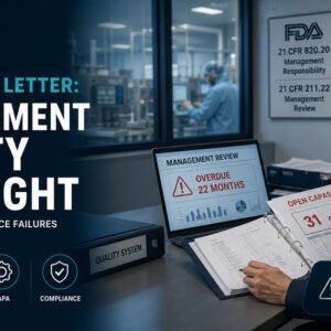 Pharmaceutical quality director reviewing FDA warning letter with CAPA dashboard showing open investigations