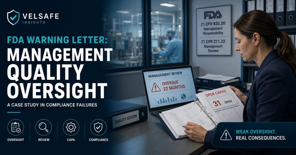 Pharmaceutical quality director reviewing FDA warning letter with CAPA dashboard showing open investigations