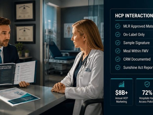 Pharmaceutical rep reviewing compliance materials with a physician in a clinical office setting