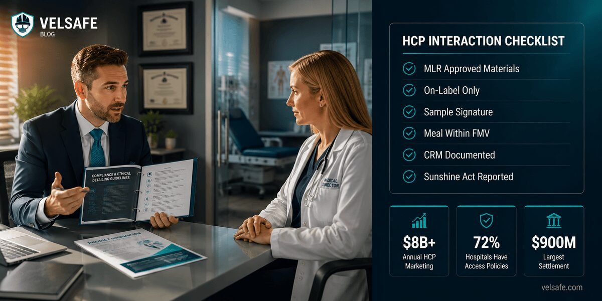 Pharmaceutical rep reviewing compliance materials with a physician in a clinical office setting