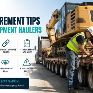 Truck driver inspecting chain tie-downs securing an excavator on a lowboy flatbed trailer