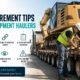 Truck driver inspecting chain tie-downs securing an excavator on a lowboy flatbed trailer