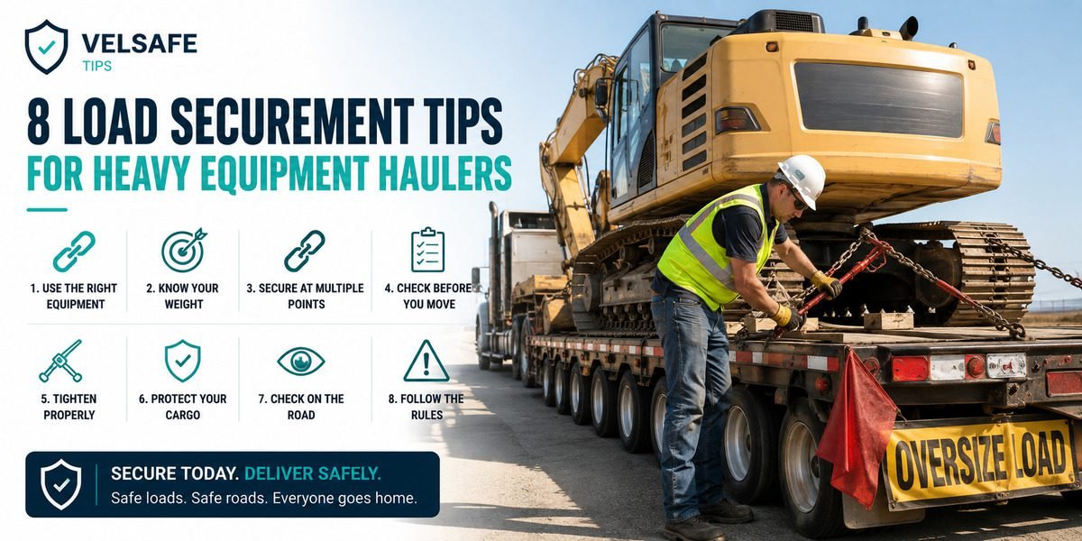 Truck driver inspecting chain tie-downs securing an excavator on a lowboy flatbed trailer
