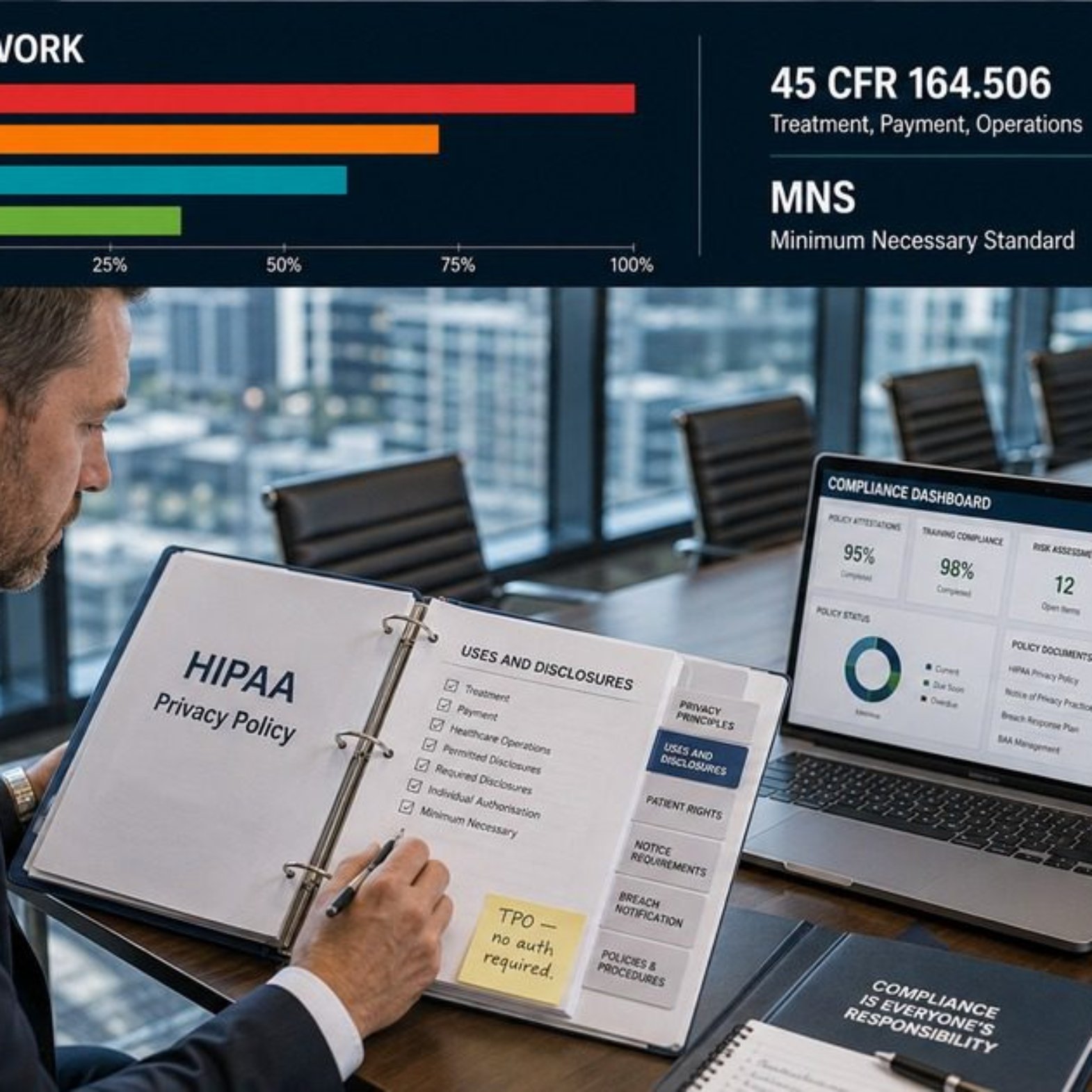 HIPAA uses and disclosures of PHI law article featured image showing a male healthcare compliance officer reviewing a HIPAA Privacy Policy binder at a conference table, with a horizontal bar chart of the PHI disclosure framework categories in the top panel.