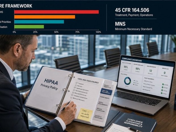 HIPAA uses and disclosures of PHI law article featured image showing a male healthcare compliance officer reviewing a HIPAA Privacy Policy binder at a conference table, with a horizontal bar chart of the PHI disclosure framework categories in the top panel.
