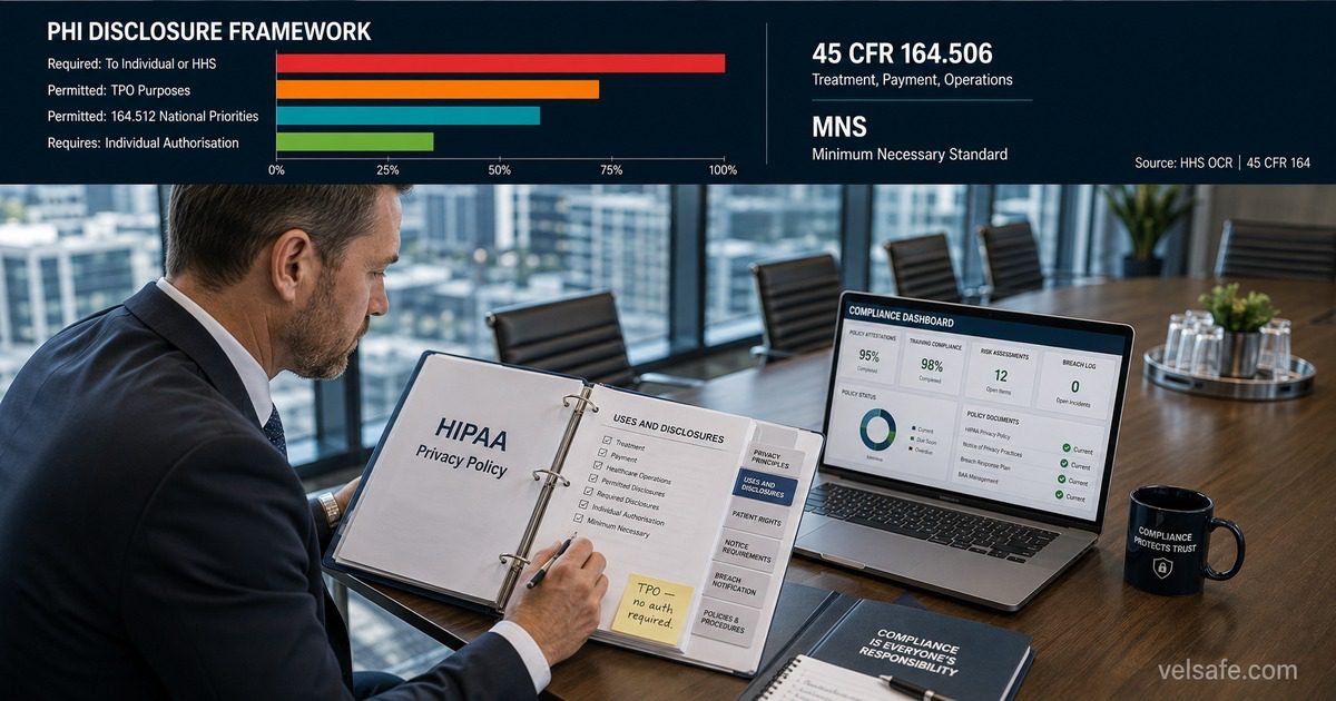HIPAA uses and disclosures of PHI law article featured image showing a male healthcare compliance officer reviewing a HIPAA Privacy Policy binder at a conference table, with a horizontal bar chart of the PHI disclosure framework categories in the top panel.